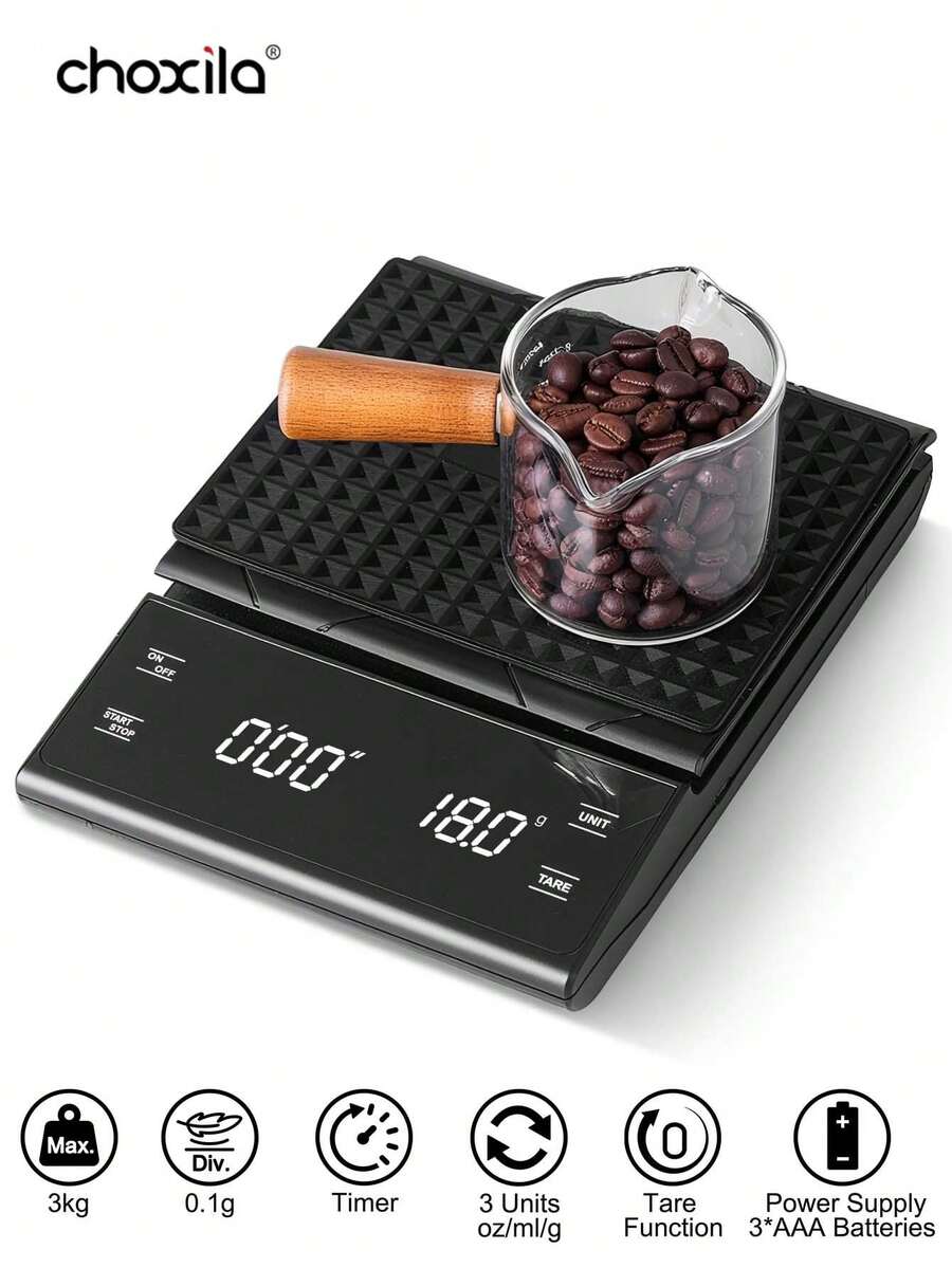 choxila 1 件电子秤，3kg/0.1g 迷你咖啡秤滴滤咖啡秤，带硅胶垫的咖啡电子秤，手冲咖啡计时器电子秤，LED 屏幕，3 个单位的食物秤，去皮功能，自动关机（不含电池），以克/盎司/毫升为单位测量，带防滑底座，黑咖啡豆盘，适用于家庭，咖啡，沙特阿拉伯国庆节礼物 - 彩色 - 查看 1