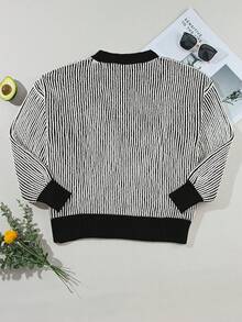 Acelitt Áo len chui đầu dài tay dáng rộng màu tương phản sọc thời trang - màu đen - Xem 6