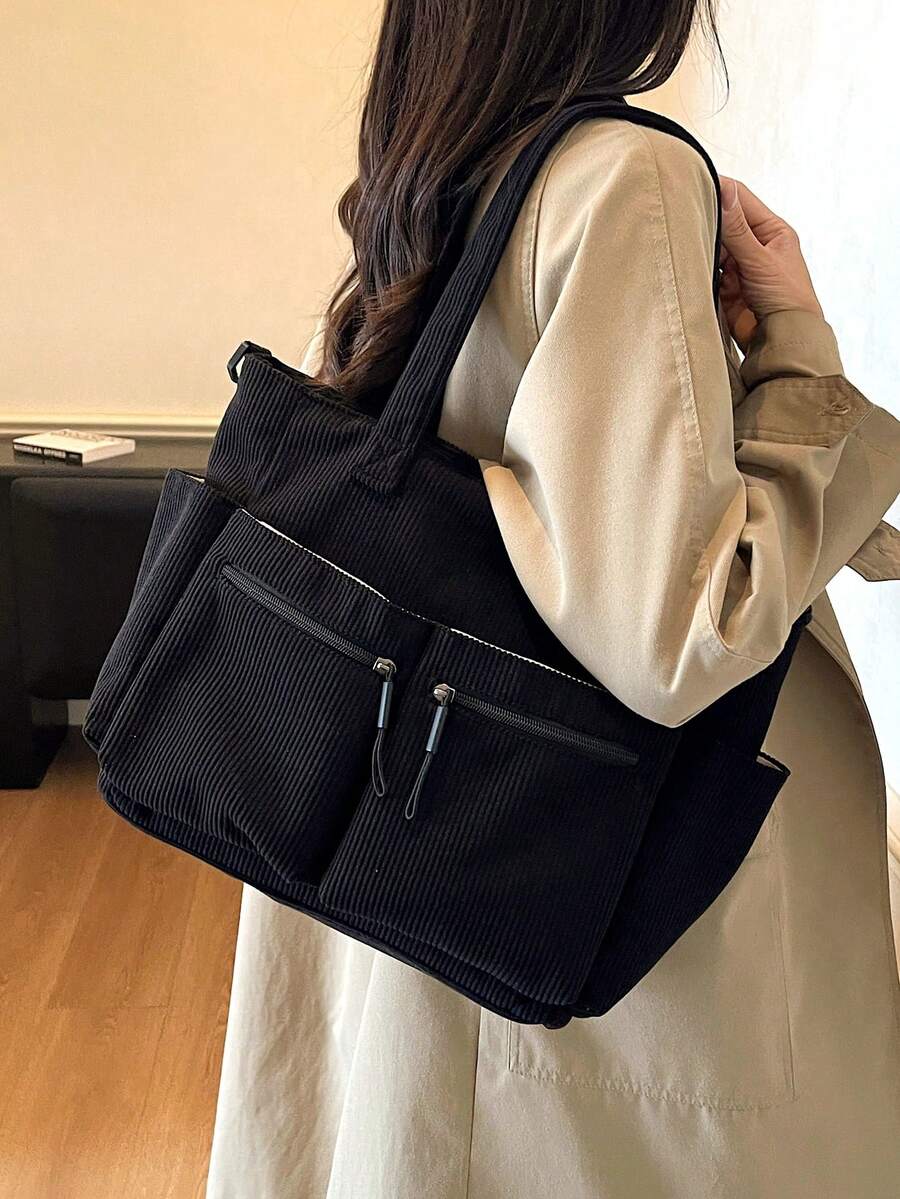 1 pieza Bolso de tela grande y versátil de estilo minimalista y de moda, con múltiples bolsillos prácticos, gran capacidad, adecuado para la escuela, la universidad, el trabajo y el uso casual, bolso de hombro para mujer - Negro - Ver 1
