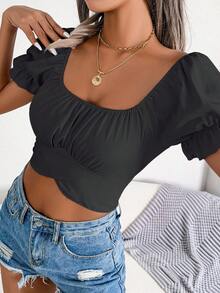 Spring And Summer Sexy Cute Solid Color Bow Tie Short Top Shirt Blue Green Black - màu đen - Xem 3