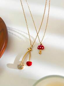 Monlansher New Fashionable Women's Stainless Steel Pendant Necklace, Minimalist Design With Mushroom & Cherry Elements, Versatile Casual Wear - Gold - View 9