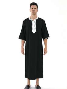 New Arrival Black Loose Casual Muslim 3/4 Sleeve Men Long Robe, Middle Eastern Style Leisure Robe - Black - View 11