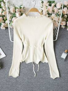 二合一杏色腰部抽绳心形扣收腰性感特殊纹理蕾丝拼接V领针织开衫，适合秋季穿着，修身外套毛衣上装，适合约会、通勤、圣诞节、新年等场合。 - 杏色 - 查看 9