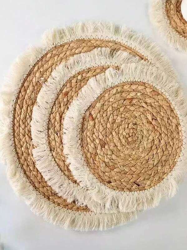 1pc Tassel Placemats, Woven Straw Round Placemat With Floral Lace Edge, Heat Insulation Pad