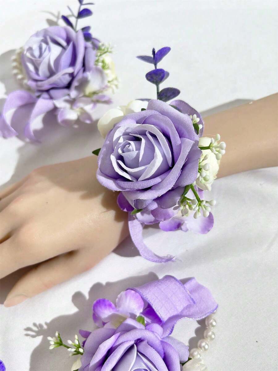 1/6 bông hoa hồng nhân tạo cài cổ tay cô dâu, hoa cài tay cho chị em gái phù dâu, hoa trang trí đám cưới, tiệc tùng, phụ kiện ngày Valentine - Màu tím hoa cà - Xem 1