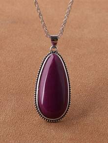 1pc Vintage Purple-Red Teardrop Pendant Necklace, Faux Stone Pendant Necklace, 5 Colors Available