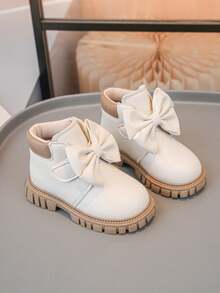 1 Pair Children's Fashionable New Lychee Texture PU Hook And Loop Design Bow Decor Non-Slip Soft Durable Chelsea Short Boots - Beige - View 13