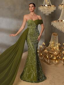 Faeriesty Elegant One-Shoulder Evening Gown With Diagonal Side-Sweep Drape & Sophisticated Mermaid Hemline Formal Dress For Weddings