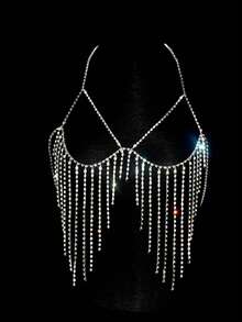 Luxurious Multilayered Sparkling Rhinestone Chain Tassel Body Chain Top For Women, Ideal For Nightclubs - Silver - View 9