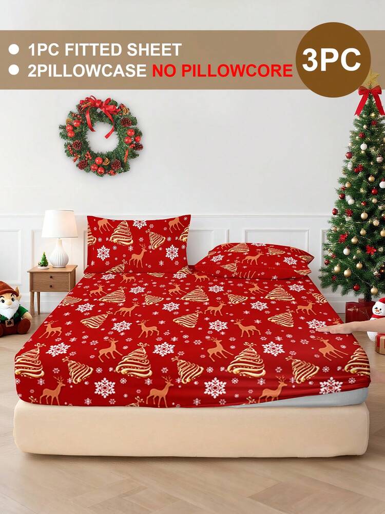 2/3件套圣诞蝴蝶结、驯鹿、圣诞树印花床上用品套装（不含填充物），卧室床笠套装，柔软超细纤维面料，透气舒适，包含1个床垫套和1/2个枕套，床笠套装，尺寸可选：特大号、大号、大号、单人床，透气舒适，深口袋设计，最大可达11.8英寸，抗皱，提升睡眠质量，可机洗，圣诞床上用品礼品 - 彩色 - 查看 2