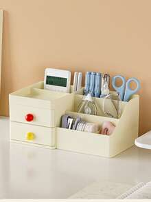 Minimalist Cute Dual-Layer Pen Holder Storage Box, Practical Cosmetic Organizer - Cream Yellow + Red Yellow - View 4
