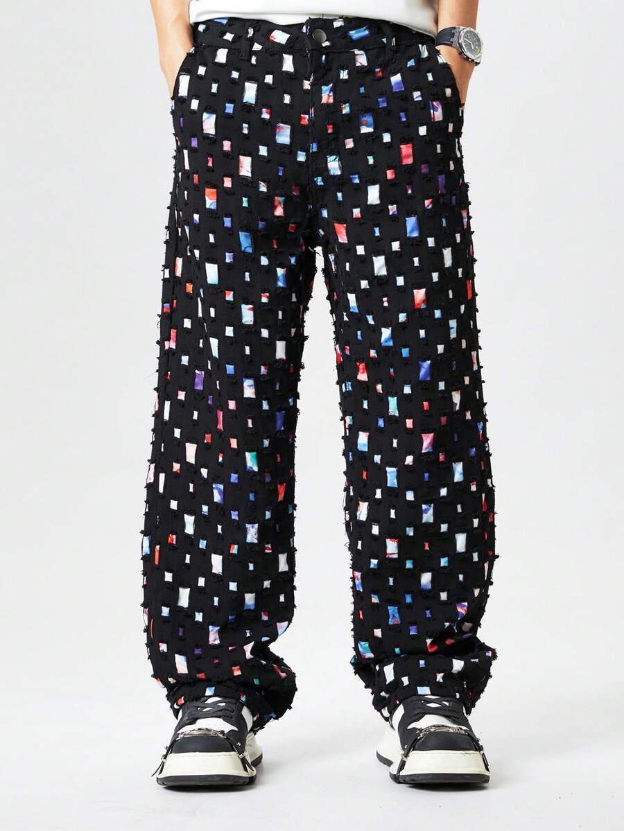 Baggy White Straight Leg Denim Pants Fashion Casual Relaxed Fit Hip Hop Non Stretch Relaxed Long Jeans Summer Mid Rise Streetwear - 黑色 - 查看 1