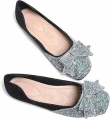 SAILING LU Square Toe Flats Shoes Rhinestoned Bowknots Ballet Flats For Women Studded Dress Shoes Comfort Light Weight LoafersChristmas - H-黑色 - 查看 4