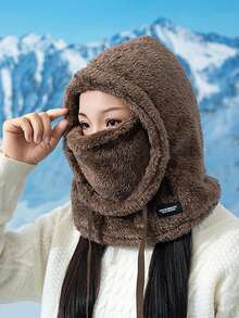 Classic Autumn/Winter Fashion New Earmuffs Scarf Combo Hat, Thick Ski/Cycling Face Mask Beanie, Casual Polyester Fleece Solid Color Hat, Suitable For Gatherings In Autumn/Winter Fall