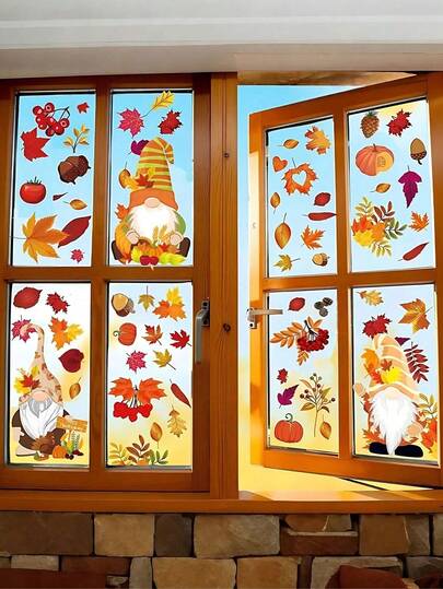 93 件/6 张感恩节秋季窗贴、秋季侏儒窗花贴秋季水彩感恩节窗贴、秋季家居装饰 - 可重复使用的静态玻璃窗贴 - 秋叶花朵南瓜窗贴适用于户外、办公室外、感恩节朋友聚会用品秋季装饰、快乐秋季派对用品感恩节生日、感恩节丰收装饰
