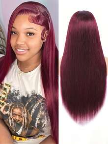 Eulisi 99J 勃艮第直发蕾丝前假发真人发 180 密度 13*6 透明蕾丝前假发真人发直发假发女士预拔婴儿头发万圣节服装 - S99J - 查看 2