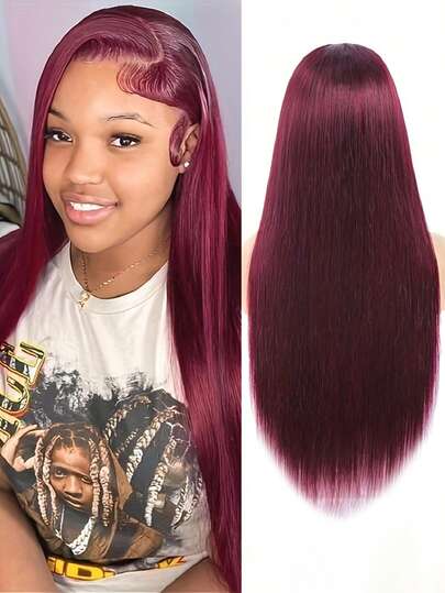 Eulisi 99J 勃艮第直发蕾丝前假发真人发 180 密度 13*6 透明蕾丝前假发真人发直发假发女士预拔婴儿头发万圣节服装