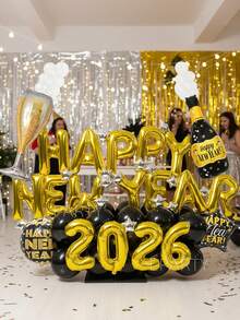 65pcs/Set HAPPY NEW YEAR 2026 Gold New Year Party Decorations, 16" Gold Letter Foil Balloon Banner, Giant Champagne Bottle & Glass Balloons, 18" Black & Gold Star/Round Celebration Balloons, 10" Black Latex Balloons, 5" Silver Star Balloons, For Christmas, New Year's Eve, New Year Celebration Decor, Room Decoration, Singles Party - 彩色 - 查看 2