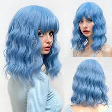 1pc Natural Matte Green Synthetic Wig With Wavy Curls And Bangs, Bob Style, Suitable For Daily Wear, Halloween, Christmas, Parties, Cosplay - Multicolor - View 13