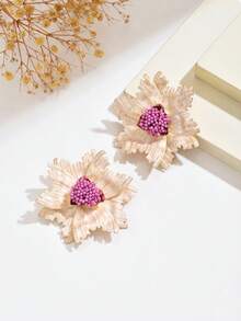 1 pereche cercei eleganți cu model floral texturat, dublu strat, bej, cu model floral, cercei vintage exagerați cu model floral multistrat, potriviți pentru ținutele zilnice, de vacanță și de petrecere ale femeilor