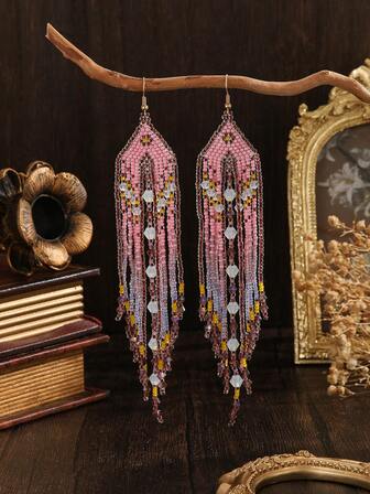 1 par de pendientes colgantes de mujer con cuentas, vintage con cuentas de color rosa, marrón y amarillo, patrón retro geométrico de rombos, pendientes largos con borlas degradadas, con acentos de cristal artificial, joyería hecha a mano, elegante y de moda, adecuada para mujeres, parejas, uso diario, Halloween, Navidad, Acción de Gracias, regalos de Año Nuevo