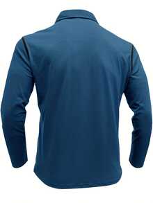 Contrast Color Stripe Decor Pocket Long Sleeve Henley T-Shirt For Men, Spring/Autumn - Blue - View 5