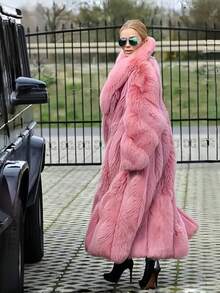 Luxury Women's Long Faux Fur Coat, Oversized Fit, Waterfall Collar, Flowing Winter Outerwear Pink - Hồng - Xem 7