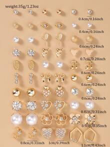Bộ 30 bông tai đính đá hình trái tim, hoa, ngôi sao, nơ, quả anh đào, trang sức thời trang, đính đá kim loại giả ngọc trai, thích hợp cho trang phục hàng ngày, ngày lễ, thường ngày - Vàng - Xem 7