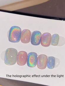 10片彩虹猫眼美甲贴纸，短款，适合日常佩戴，温柔可爱，可移除，是送给女性和女孩的绝佳礼物，美甲用品 - 彩色 - 查看 2