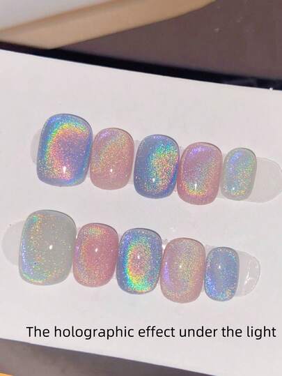 10 Rainbow-Colored, Cat-Eye Dazzling Press-On Nail, Short Daily Wear, Gentle And Cute, Detachable False Nails As Gifts For Ladies And Girls Nail Supplies Nails