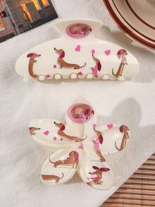 2个ABS材质动物系列可爱腊肠犬爱心雏菊UV印花超大半圆形发爪夹，适合海滩和假日，秋冬季节，优雅发夹，夏季必备。 - 彩色 - 查看 2
