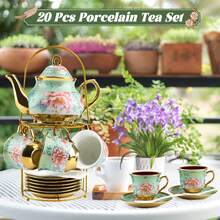 Vintage Floral Porcelain Tea Set 20-Piece With Gold-Rimmed Teapot, 6 Cups, Saucers, Spoons & Metal Stand – Afternoon Tea, Garden Party, Wedding, Bridal Shower, Holiday Gift, Thanksgiving & Christmas Table Decor - Green - View 8