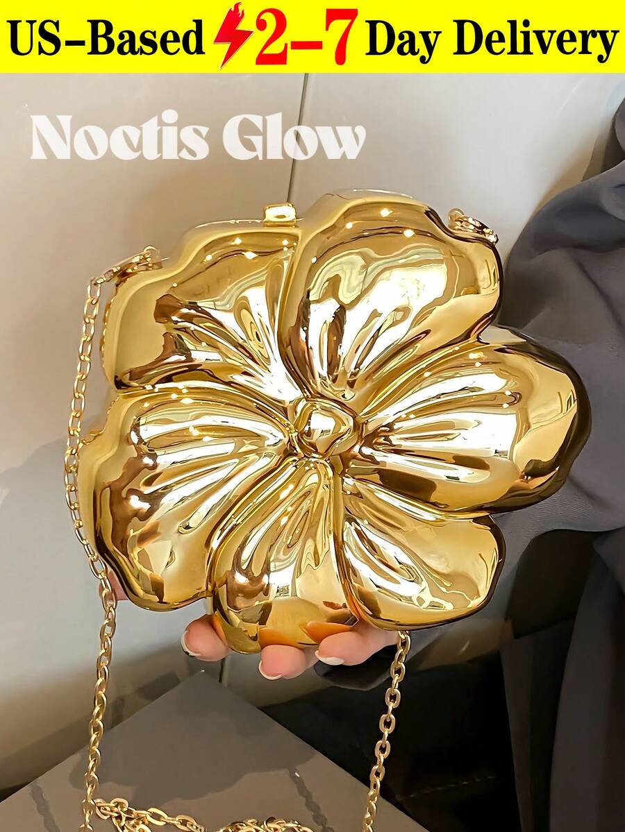 Women's Elegant Mini Flower Shaped Chain Crossbody Bag, Metallic Y2K Style Theme Party Shoulder Bag, Fashionable Novelty Shaped Bags, Versatile Small Mobile Phone Key Coin Purse, Portable Outdoor Travel Vacation Cosmetic Bags, Wear-Resistant Solid-Color Clutch Bag - 金色 - 查看 1