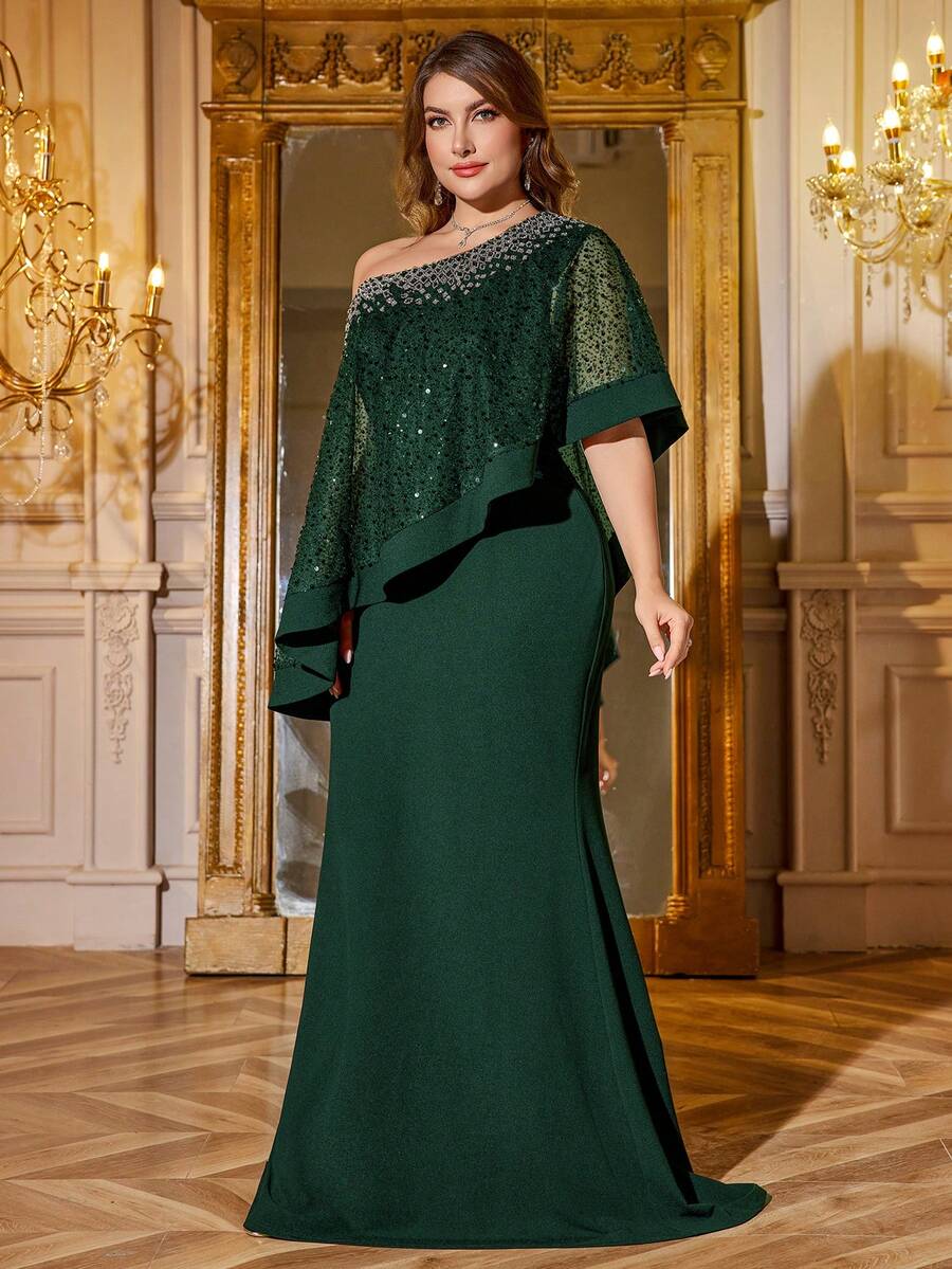 SUPGIR Plus Women's One-Shoulder Asymmetrical Cape Sleeve Handmade Bright Diamond Chiffon Slim-Fitting Evening Dress - Dark Green - View 1