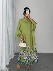 1pc Women's Loose Fit Arabic Abaya Dress, Green Placement Print, Stand Collar, Single-Breasted, Raglan Sleeve, Casual Long Dress, Elegant Arabic Robe, Luxury Holiday Evening Gown - Mint Green - View 7