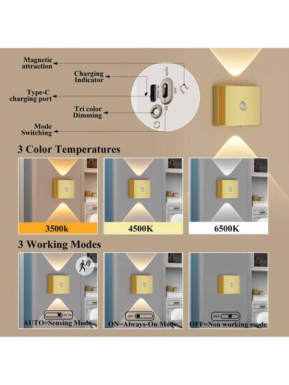 LED Slimme Sensor Night Light, Indoor Motion Wand Lamp, Wireless Battery Powered, Adhesive Rotatable, Portable, Easy To Install, Adjustable Temperature Brightness, Hallways, Bathrooms, Bedrooms, Kitchens, Cabinets, Stairs, Entrances, Bedside, Tables, Closets, Home ation, Living Room Bedside Cordless Verlichting view 10
