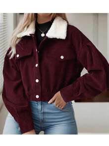 女士优雅休闲灯芯绒拼布仿皮草领纽扣前口袋长袖短夹克，百搭休闲飞行员上衣 - 酒紅色 - 查看 4