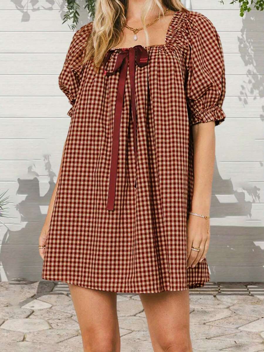 Women Plaid Summer Dress Loose Bow Square Neck Puff Sleeve Short Dress For Daily Travel - 紅色 - 查看 1