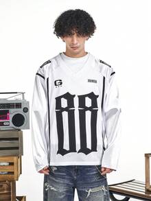 MT99 大号刺绣白色运动衫，V领长袖上衣 - 白色 - 查看 1