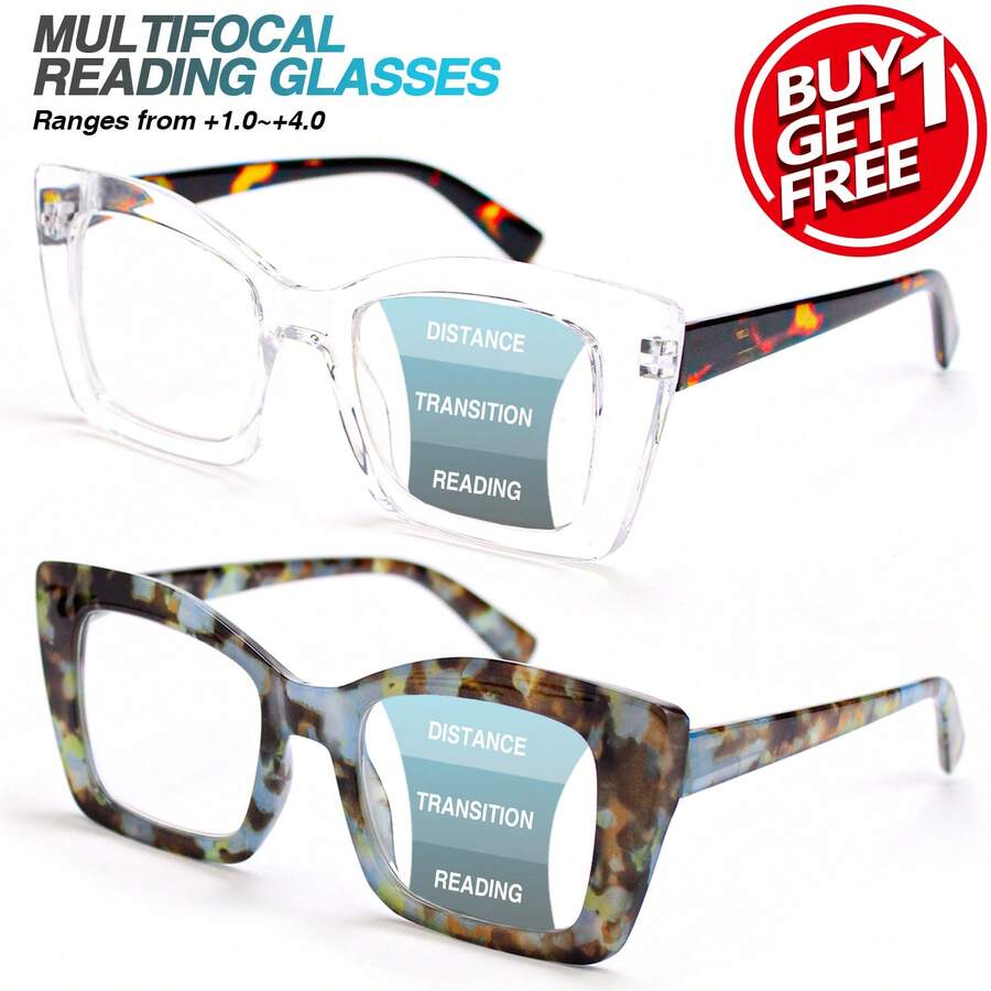 2 Stücke modische Blumen Mehrstärken-Lesebrille, hochwertige federbelastete Mehrstärken-Linse, vintage elegante Unisex Gleitsichtbrille