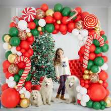 Christmas Balloon Wreath Arch Set, Including Christmas Green, 98pcs Red And White Candy Balloons And Cane Balloons, Suitable For Christmas Party Decoration
