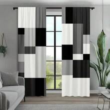 2pcs Modern Geometric Black - White - Gray Patchwork Curtains Upgrade Your Space With These Chic Patchwork Curtains! Featuring A Bold Mix Of Black, White, And Gray Geometric Blocks, They Bring A Contemporary, Artistic Vibe. Perfect For Modern Living Rooms, Offices, Or Any Area Needing A Stylish, Minimalist Touch. Durable Fabric, Easy To Match. - Multicolor - View 3