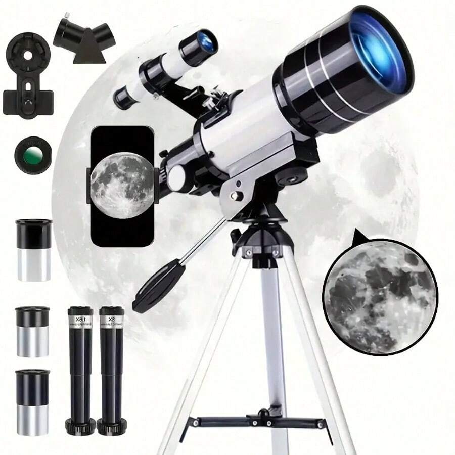 TAIMASI 150X High Light Monocular Astronomy Telescope, 70mm Aperture 300mm Refractor Telescope Portable, 3 Eyepiece & 3X Barlow Lens, For Star Nebular Viewing, Camping Nature Viewing, Education & Exploration | Multi-Coating, Wireless Remote, AZ Mount, Phone Adapter | Ideal Gift For Family, Friends, Adults, Astronomy Beginners, Christmas, Birthday Party - 白色 - 查看 1