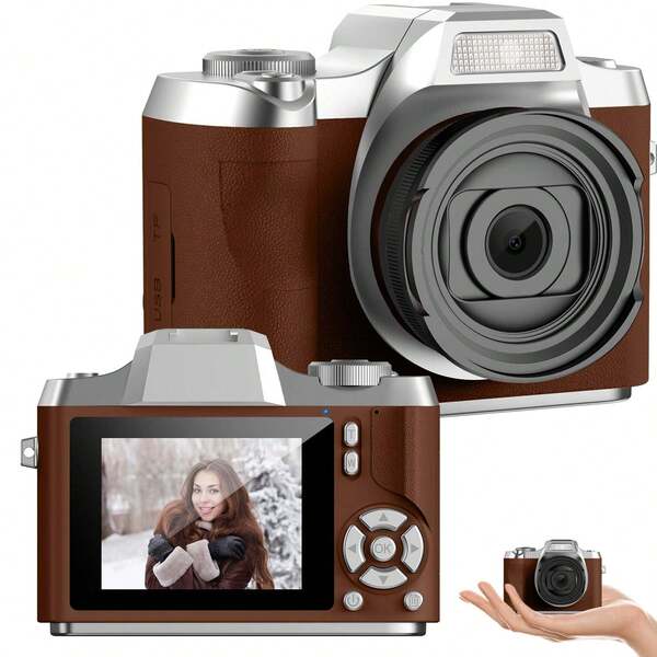 Classic Retro Film Camera Style Digital Camera With 12GB Memory Card Included - Compact Point & Shoot With Interchangeable Lens, USB-Powered, Manual Controls, Compatible With Life Camera Accessories (Brown/White/Black) - Ideal Gift For Students, Adults, Vlogging & Travel - Entry-Level CCD Camera With Built-In Flash, LCD Screen & 32GB Card Included