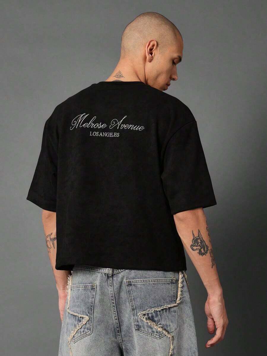 Melrose Avenue Los Angeles Crop T-Shirt Urban Streetwear Script Logo Back Print Casual Summer Lightweight Top Boxy Style Hip Hop Fashion Downtown Culture-Unisex Comfortable Retro Cotton T-Shirt-L91 - 黑色 - 查看 1