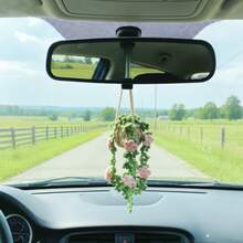 1pc Crochet Plant Decor, Boho Handmade Car Rear View Mirror/Room Hanging Accessory, Suitable For Women & Girls, Green Car Interior Aesthetic Decor, Truck Hanger Ornament Charm For Men - Multicolor - View 4