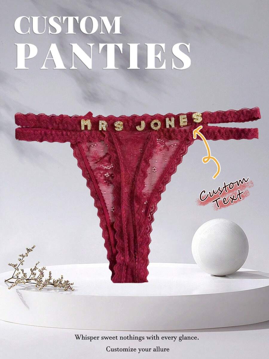 1pc Customized Crystal Letter Sexy Lace Personalized Name Thong Panties, Bikini Tanga Lingerie T-Back Gift For Girlfriend, Wife, Valentine's Day, Christmas, Halloween, Thanksgiving, Birthday. - Multicolor - View 1