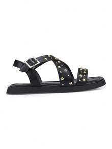 Loris Shoes Oficial Women's  Flat Sandal Flat X Buckle Spike Comfortable 009-085 - 黑色 - 查看 3