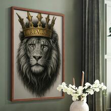 1pc Restickable Framed Lion Of Judah Art Print, Wood Frame, Biblical Inspired Regal Animal Wall Decor With Gold Crown & Scripture Accent, Spiritual Artwork For Living Room, Office, Or Prayer Room, Made In USA, Ready To Hang Art Prints - 棕色 - 查看 2