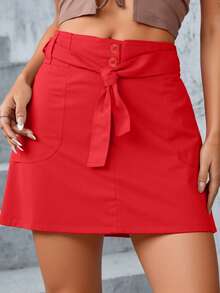 Falda para dama corta bolsillos laterales grandes botones pretina ancha ligero urbano casual fresca cómoda - Rojo - Ver 2